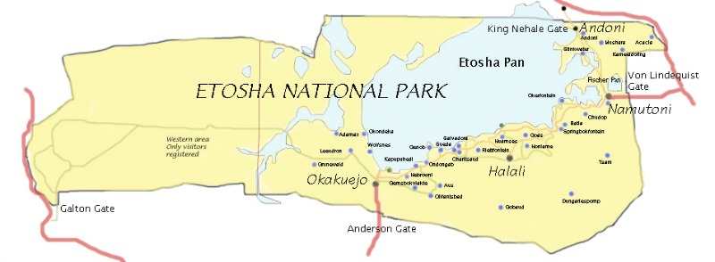 Carte du Parc National d'Etosha, Namibie.